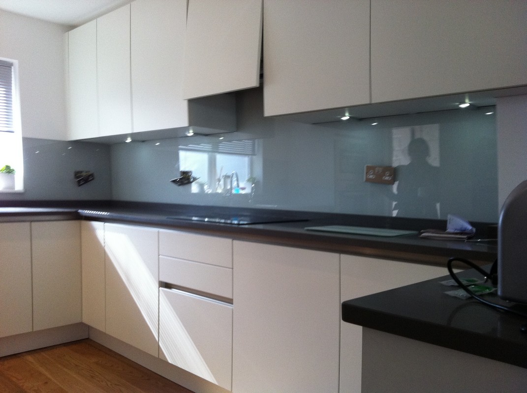 Grey glass kitchen splashback with LED lighting in Waterloo